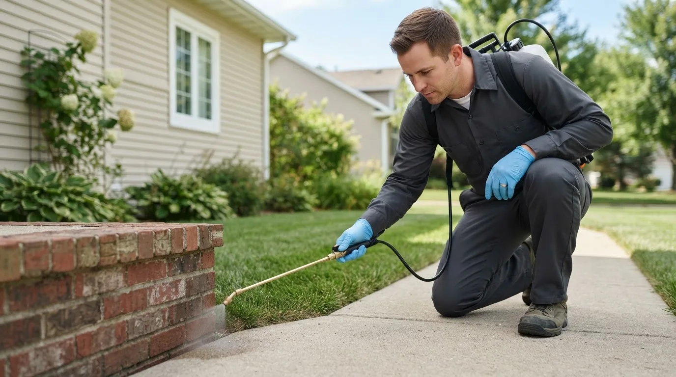 Pest control technician treating a home near Center Junction, IA