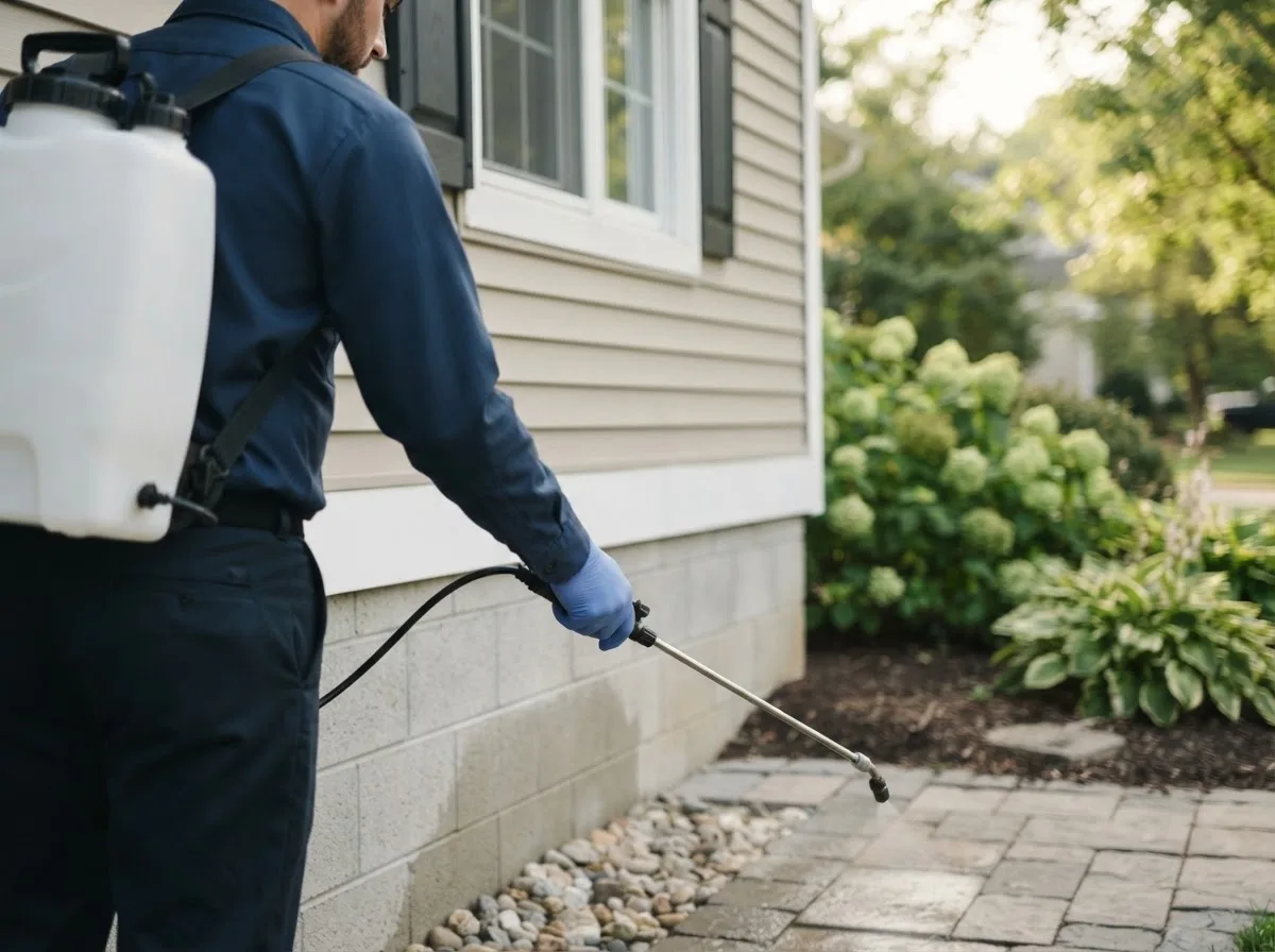 Pest control technician inspecting a home in Center Junction, IA